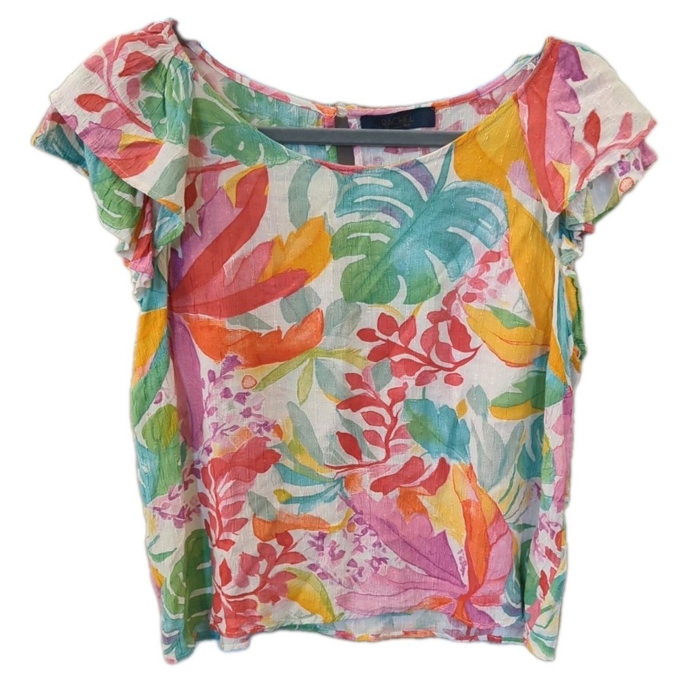 Rachel Roy Top Womens L Tropical Floral‎ Tiered Flutter Sleeve Blouse Flowy Soft